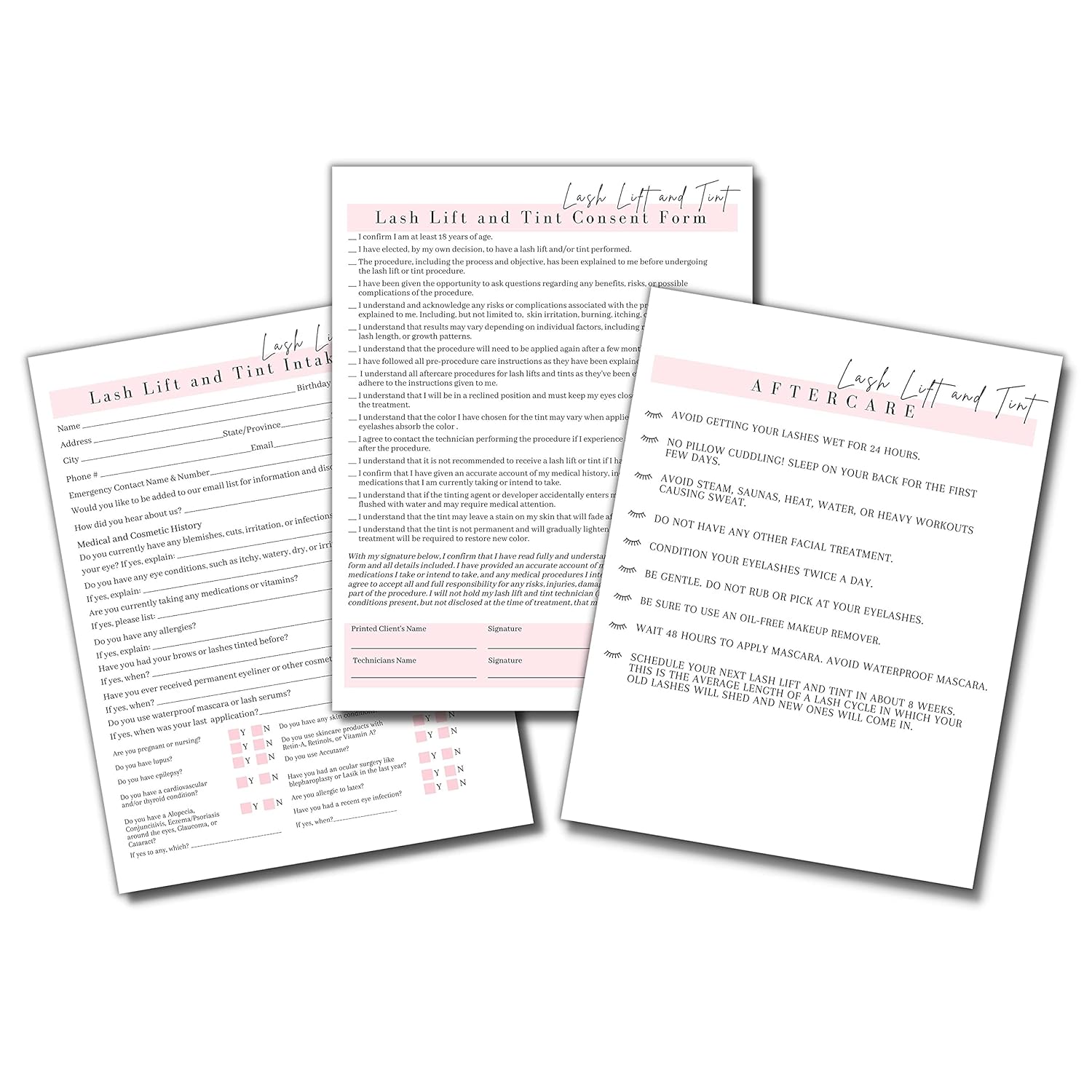 Lash Lift Tint Consent Form, Intake Form, Aftercare Form | 75 Pack | 8.5x11 inch Paper Size Form | 25 Consent Forms, 25 Client Intake Forms, 25